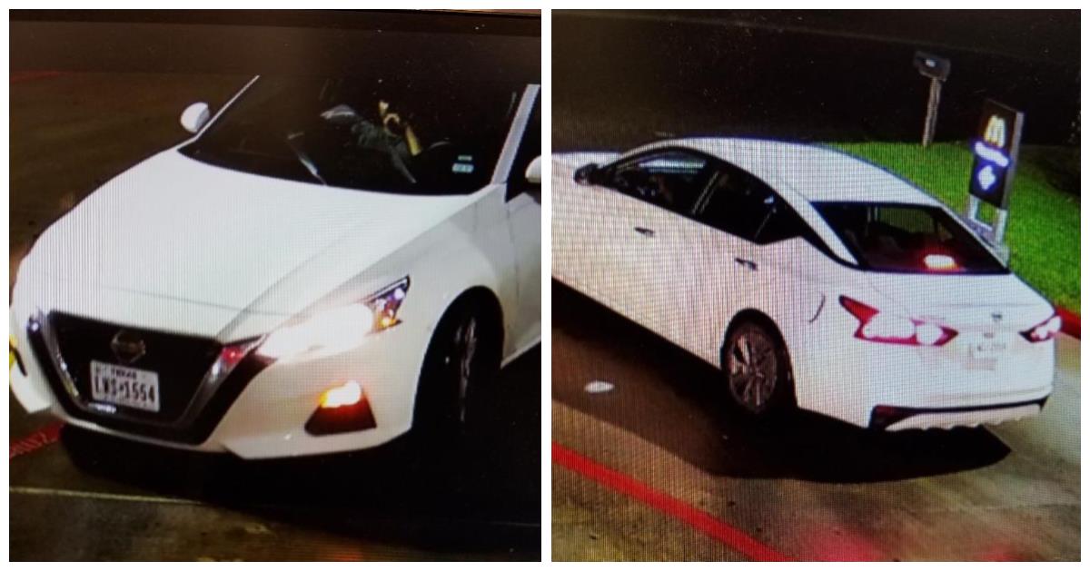 Photo collage of front and rear view of suspect's white 2019 Nissan Altima